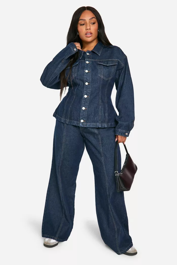 Plus Cinched Waist Contrast Stitch Raw Indigo Denim Jacket | boohoo (US & Canada)
