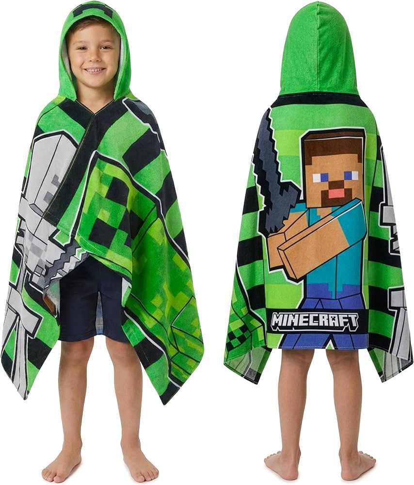 Minecraft Towelling Poncho Kids Teens Hooded Bath Towels Absorbent Beach Towel (Green/Black, 6-14... | Amazon (US)