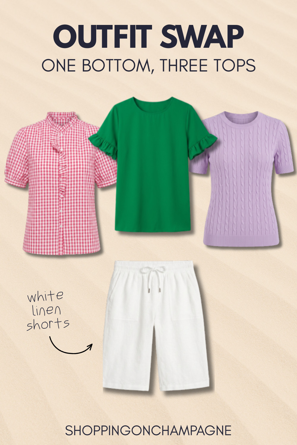 White linen shorts are among the most versatile bottoms for summer. Pair them with a pink gingham shirt, a green ruffle tee, or a lavender cable-knit sweater for three completely different looks, all effortlessly put together.

#LTKSeasonal #LTKOver40 #LTKMidsize