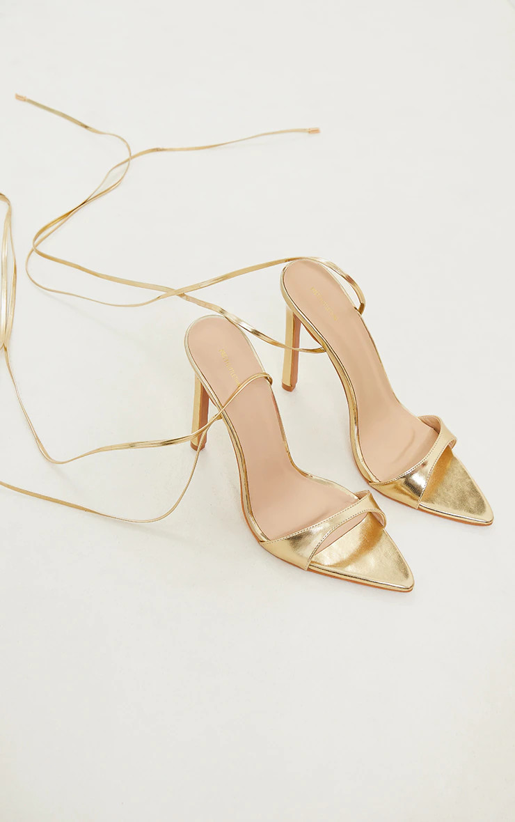 Gold PU Point Toe Lace Up High Heeled Sandals | PrettyLittleThing US