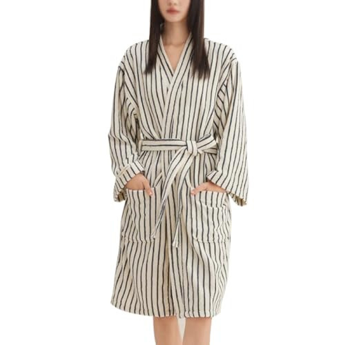 QYFHJGFR Cotton Terry Stripe Bathrobe For Women Men,Luxury Kimono Soft Terry Cloth Robe,Comfortable Loungewear Nightwear(Size:L,Color:White Black) | Amazon (US)