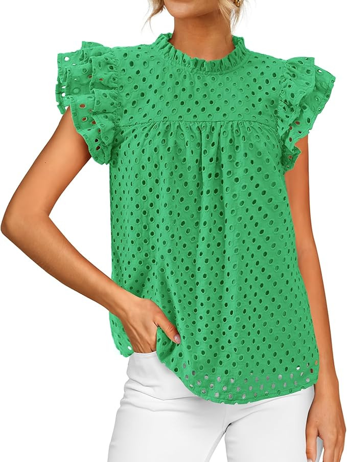BTFBM Casual Summer Tops for Women 2026 Short Ruffle Sleeves Shirts Crew Neck Hollow Out Lace Emb... | Amazon (US)