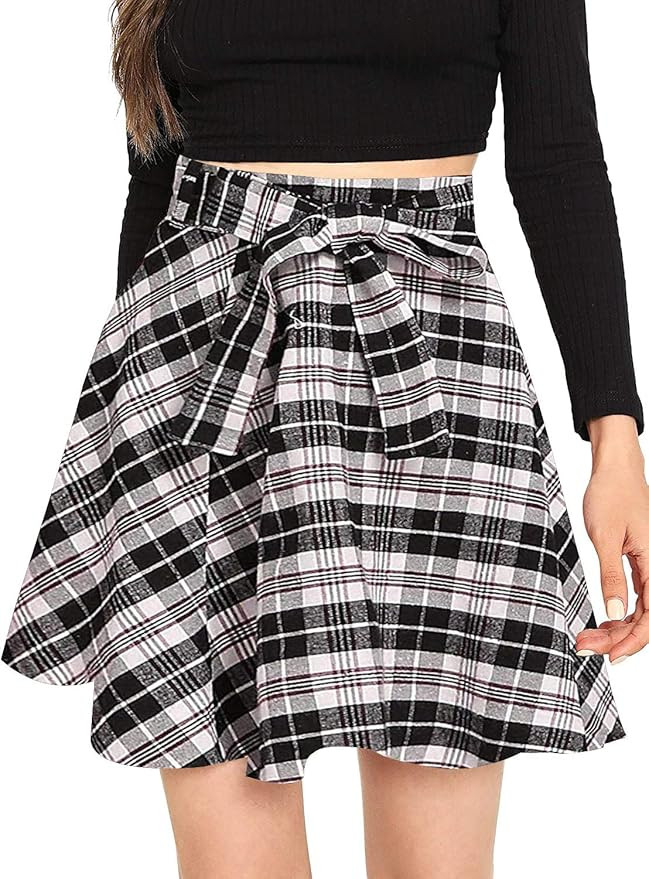 Milumia Women Plaid Mini Skater Skirts Cheerleader Pleated A Line Skirts with Belt | Amazon (US)