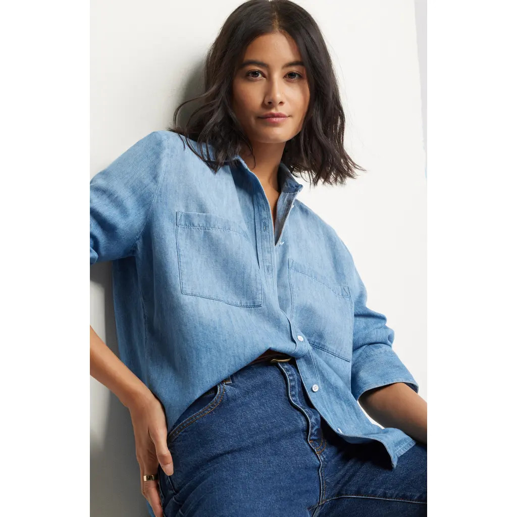 Caslon® Chambray Button-Up Shirt in Medium Wash at Nordstrom Rack, Size Xx-Small | Nordstrom Rack