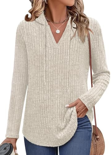 Lylinan Womens Long Sleeve Knit Hoodies V Neck Pullover Tops Ribbed Sweaters Fall Fashion Clothes... | Amazon (US)