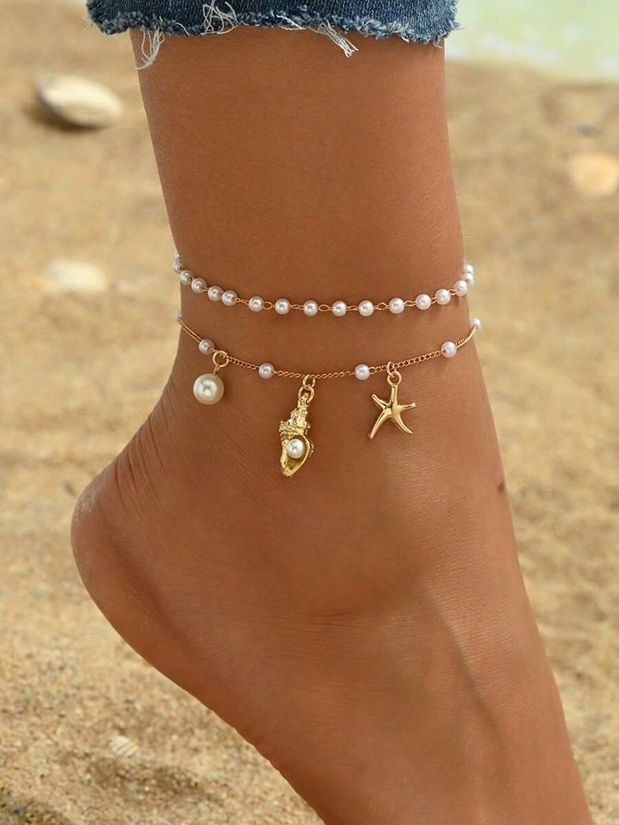 2pcs/Set Summer Ocean Style Shell, Starfish & Faux Pearl Pendant Anklet, Handmade Chain Adjustabl... | SHEIN