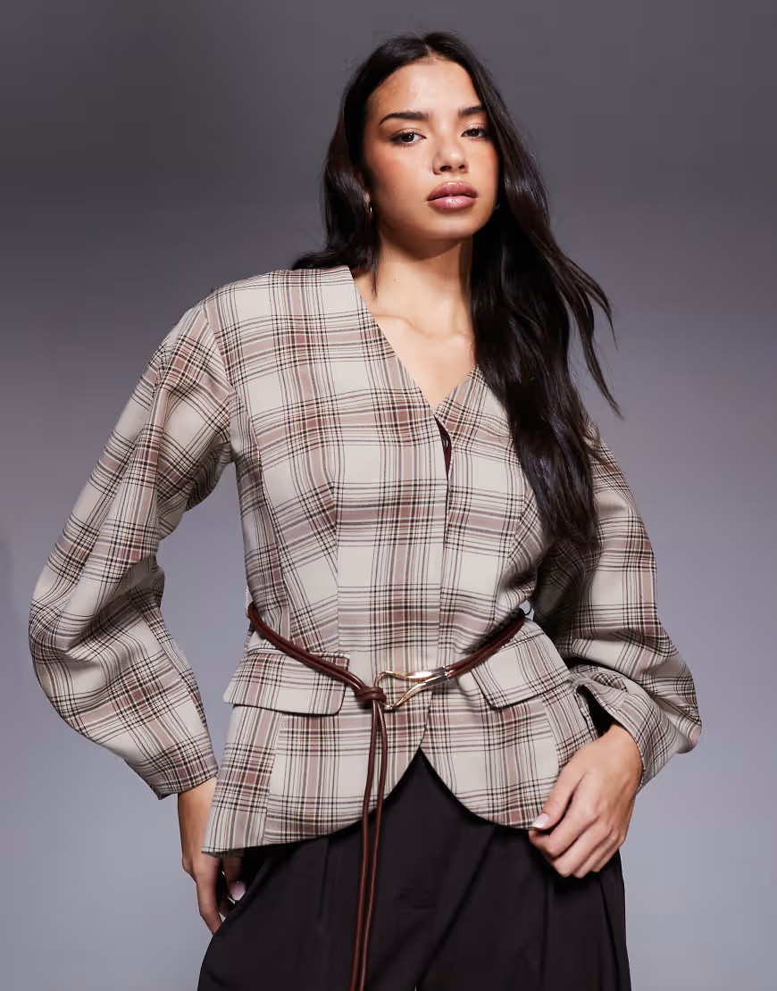 River Island belted checked cocoon sleeve blazer in brown | ASOS (Global)