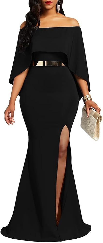 LAGSHIAN Women Sexy Elegant Off Shoulder Batwing Cape High Split Formal Long Dress | Amazon (US)