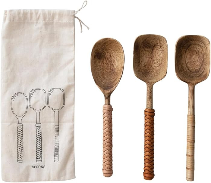Mango Wood Spoons with Bamboo and Leather Wrapped Handles, Set of 3 in Printed Drawstring Bag | Amazon (US)