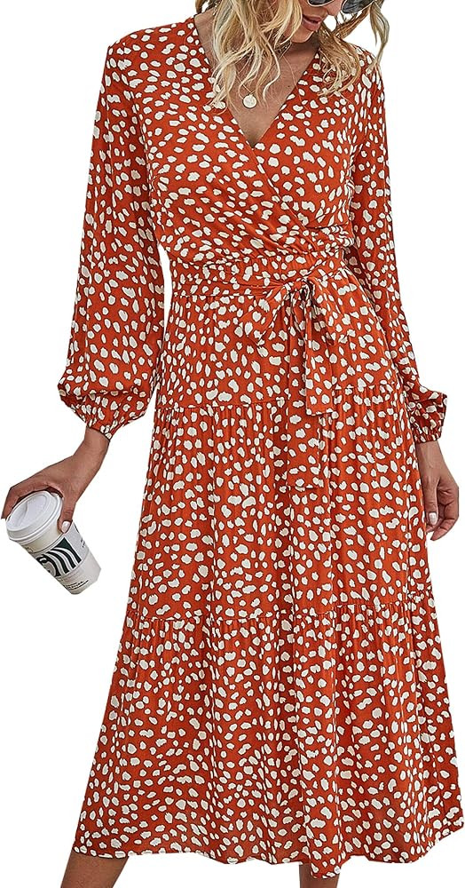 Theenkoln Women's Wrap V Neck Puff Long Sleeve Pleated Elegant Midi Dress with Belt and Snap | Amazon (US)