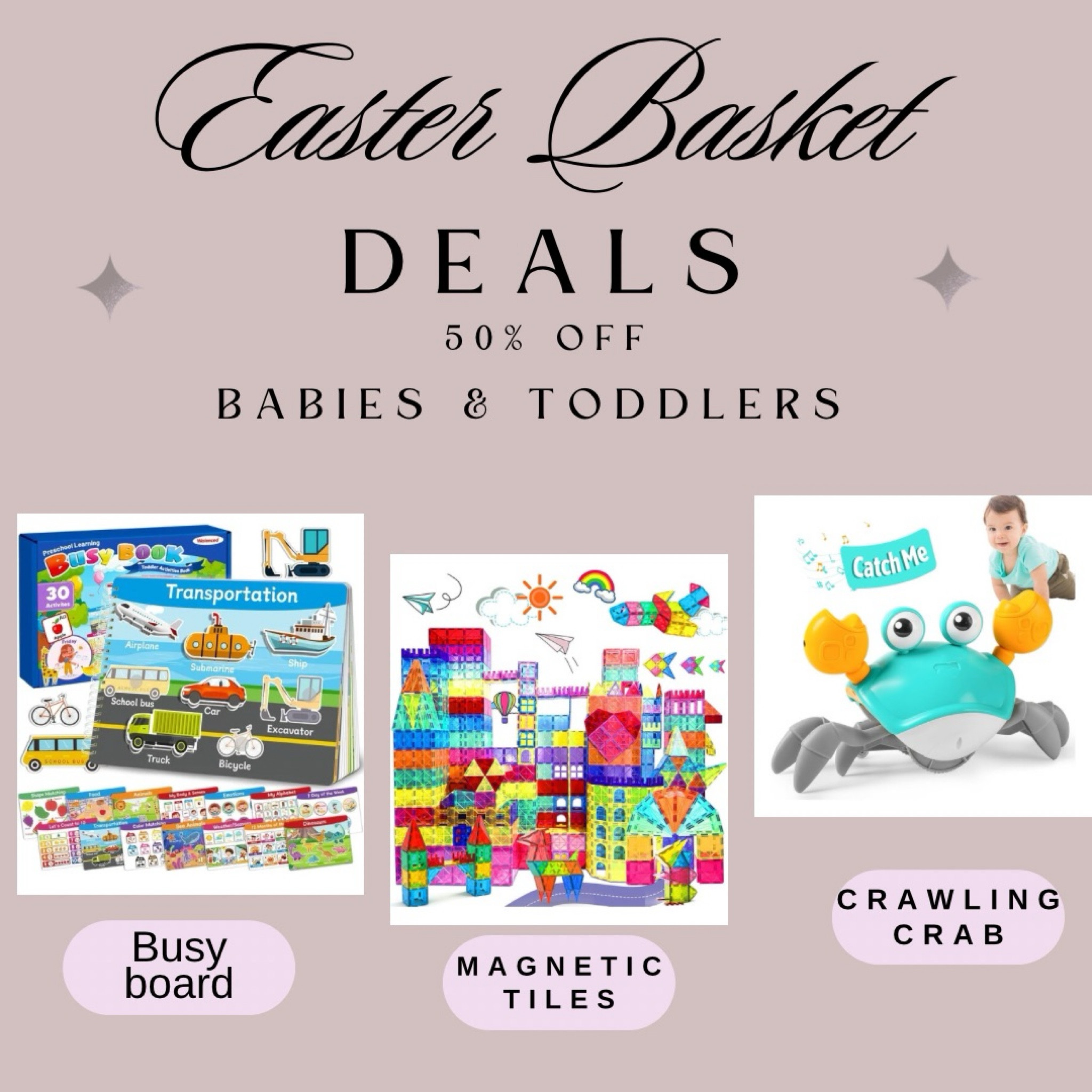 Baby and toddler Easter basket toy ideas on sale! All are half off‼️ 

50% off, toys, kids, magnetic tiles, crawling crab, bust board, babies, toddlers, deals, 


#LTKSaleAlert #LTKKids #LTKBaby