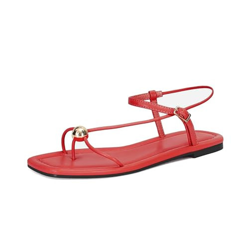 XBKXMK Red Strappy Flat Sandals for Women Comfortable Dressy Summer Beach Thong Sandals Flip Flop Slide Sandal Size 8 | Amazon (US)