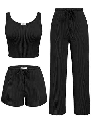 Ekouaer Women's 3 Piece Lounge Set Soft Twisted Rib Knit Summer Vacation Outfits Crop Top Shorts & Pants Set With Pokcet | Amazon (US)