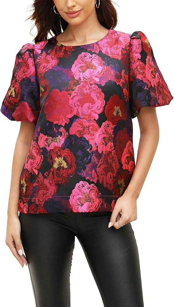 Kedera Women's Floral Jacquard Shirt Crewneck Puff Sleeve Blouse Elegant Work Shift Tops | Amazon (US)