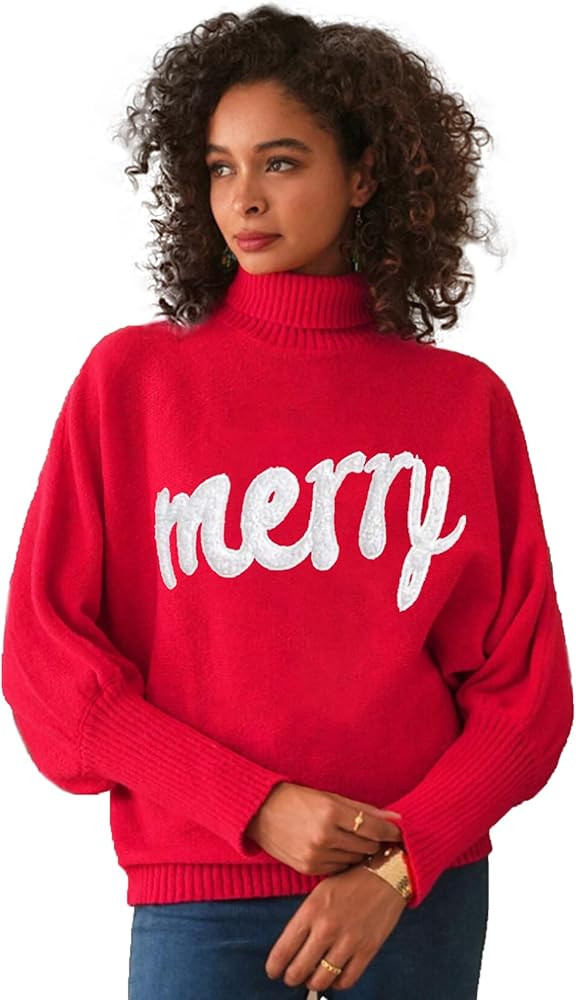 Women's Christmas Red Tops Trendy Batwing Sleeve Knit Sweater Loose Long Sleeve Turtleneck Pullov... | Amazon (US)