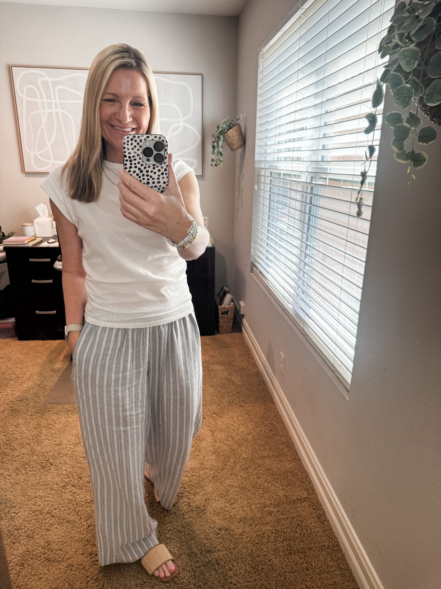 Friday casual work from home outfit in this cap sleeve ruched tee from Old Navy and striped linen pants. My sandals are my new favorite Target pair. 

#LTKOver40 #LTKootd #LTKSaleAlert
