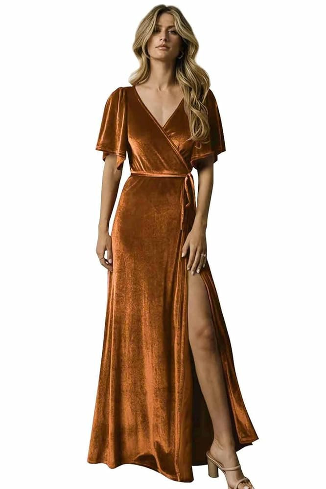 V Neck Velvet Bridesmaid Dresses with Slit Flutter Sleeves A Line Formal Evening Dress for Women | Amazon (US)
