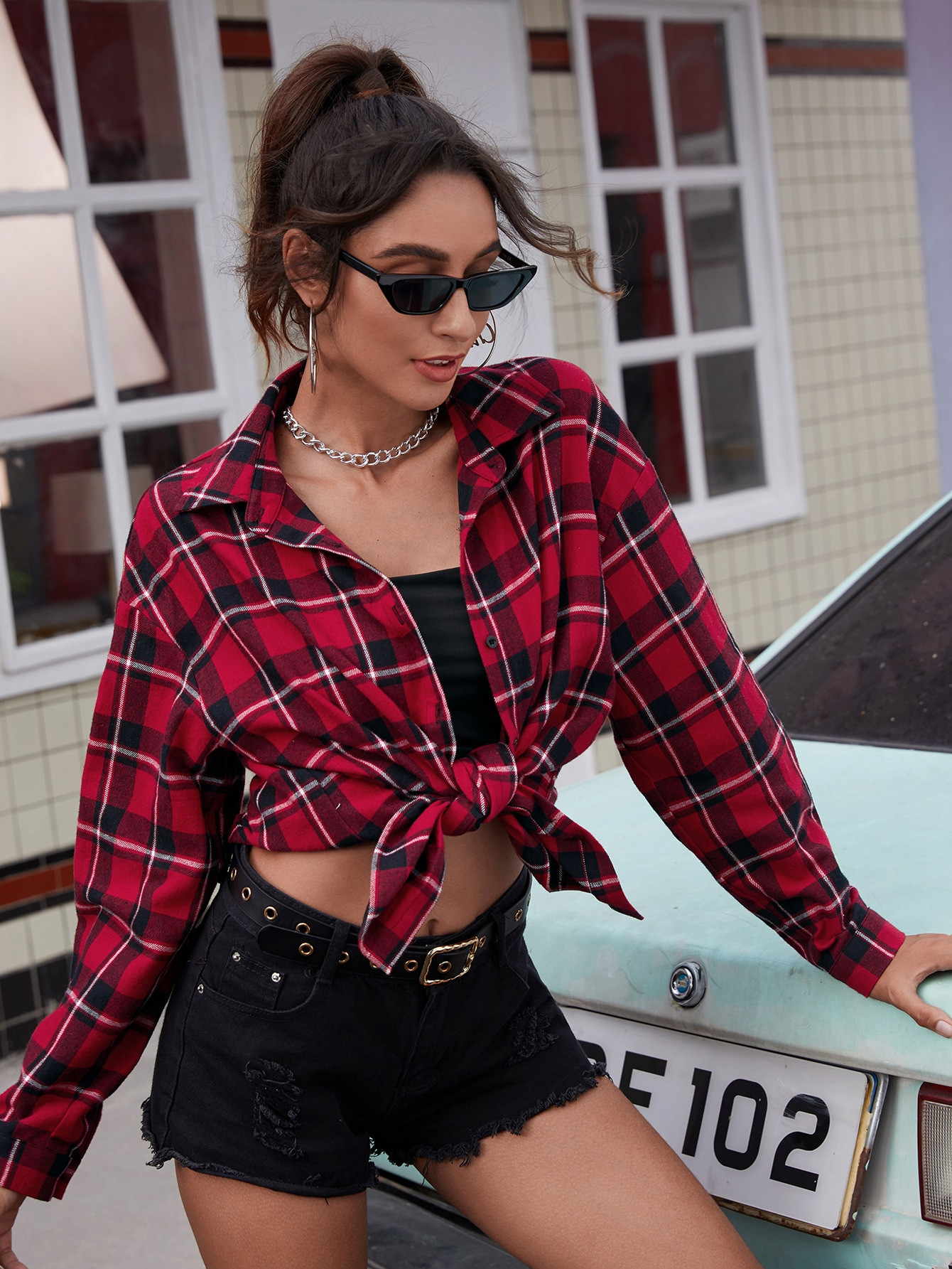 SHEIN Drop Shoulder Split Hem Plaid Blouse | SHEIN