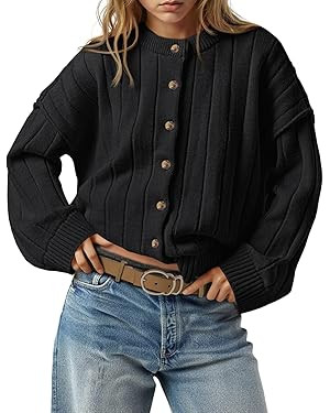 Saodimallsu Womens Open Front Cardigan Sweaters Button Down Knit Long Sleeve Crewneck Casual Loos... | Amazon (US)
