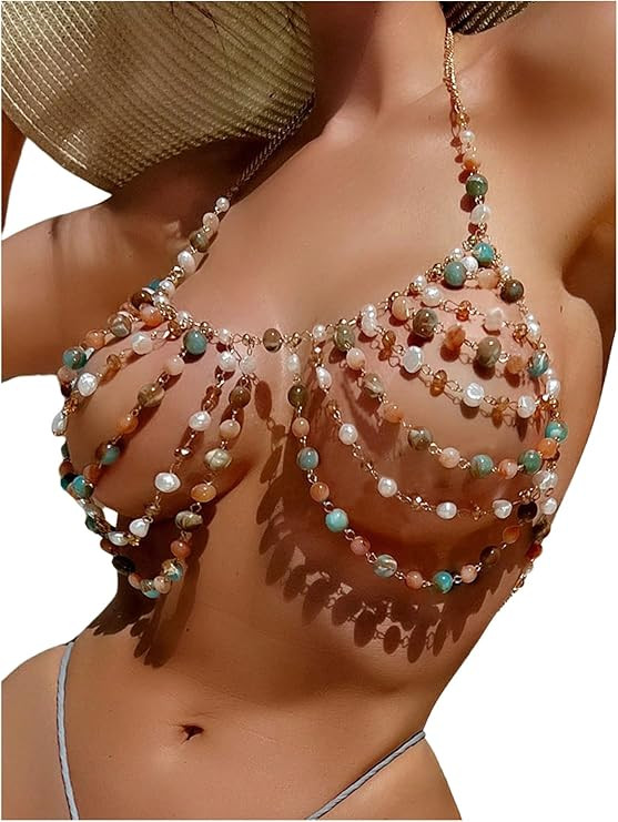 WDIRARA Women's Pearl Beaded Halter Bikini Top Sleeveless Backless Beach Cover Up Tops | Amazon (US)