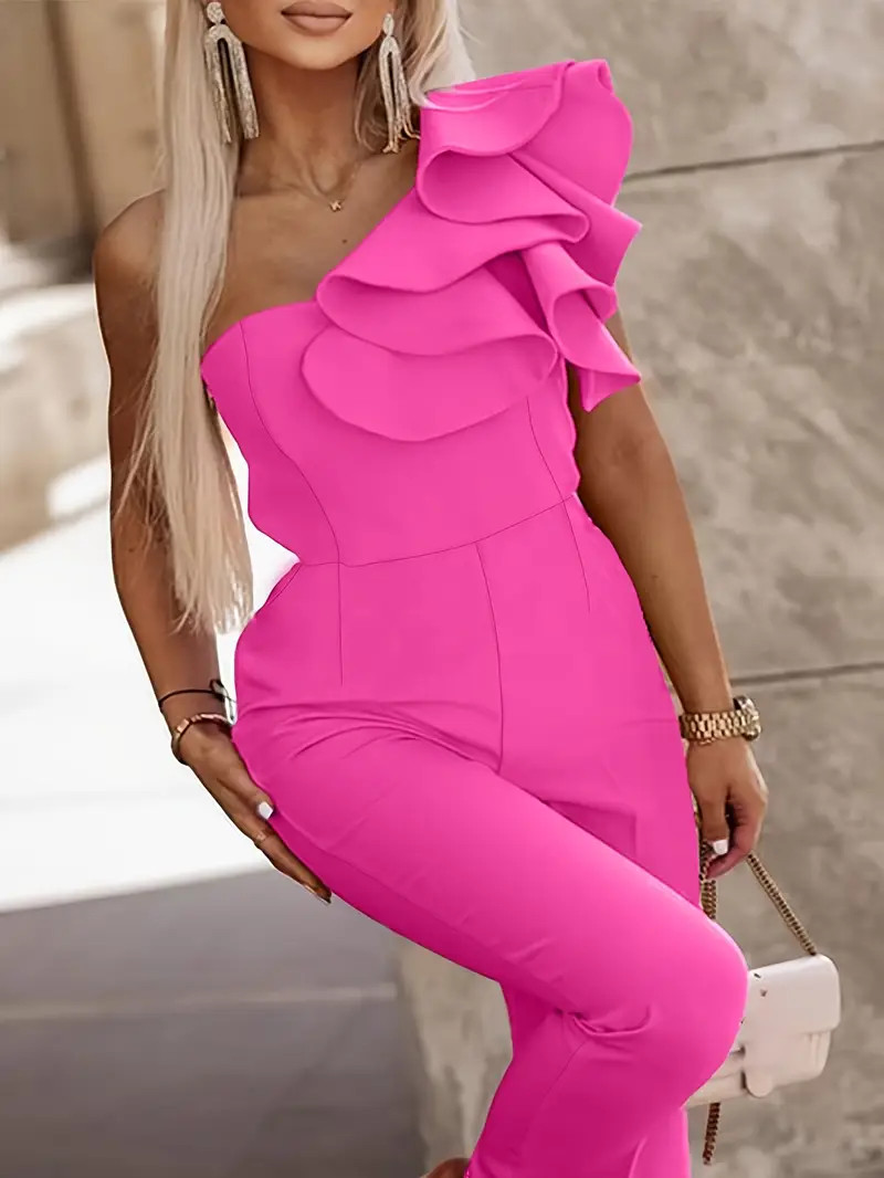 Ruffle One Shoulder Jumpsuit Elegant Solid Jumpsuit Spring - Temu | Temu Affiliate Program