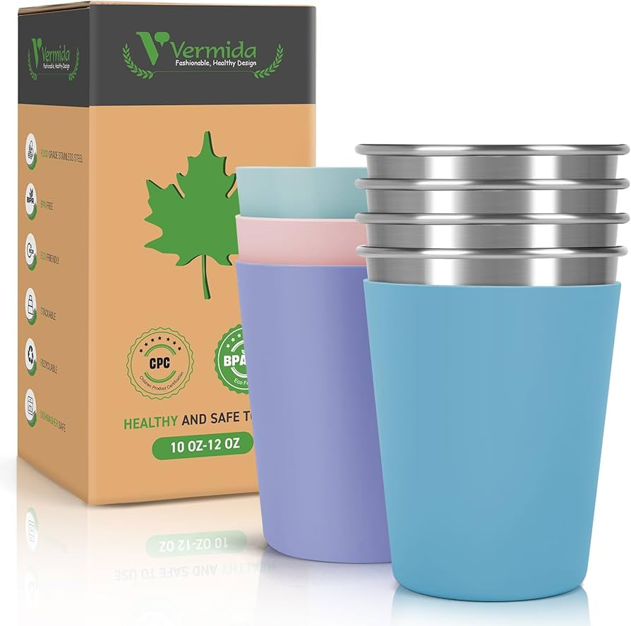 Stainless Steel Cups for Kids and Toddlers, 10oz Stackable Stainless Steel Kids Cups with Silicon... | Amazon (US)