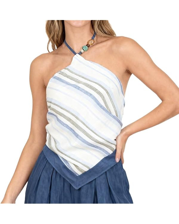 Amazhiyu Women's 100% Linen Summer Halter Sleeveless Striped Yarn Dyed Scarf Tops | Amazon (US)