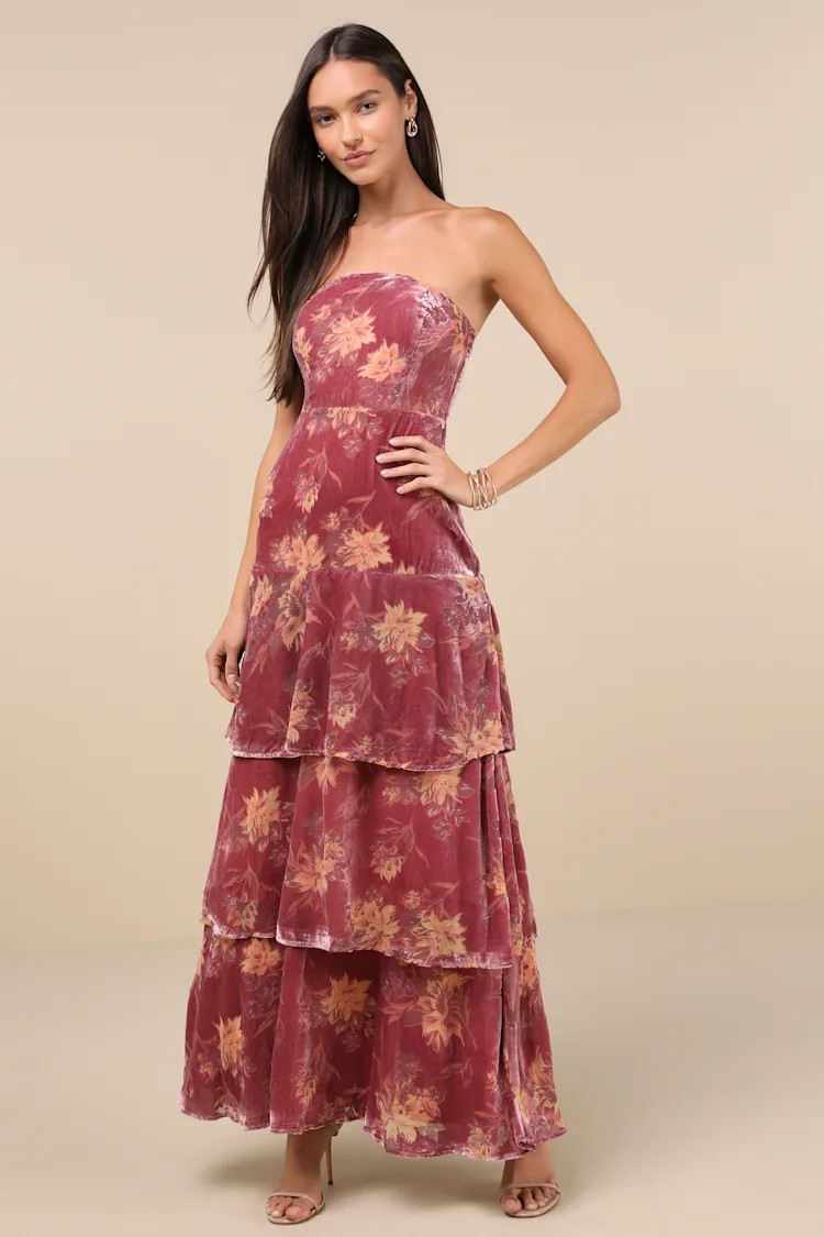 Real Allure Rose Pink Floral Burnout Velvet Strapless Maxi Dress | Lulus
