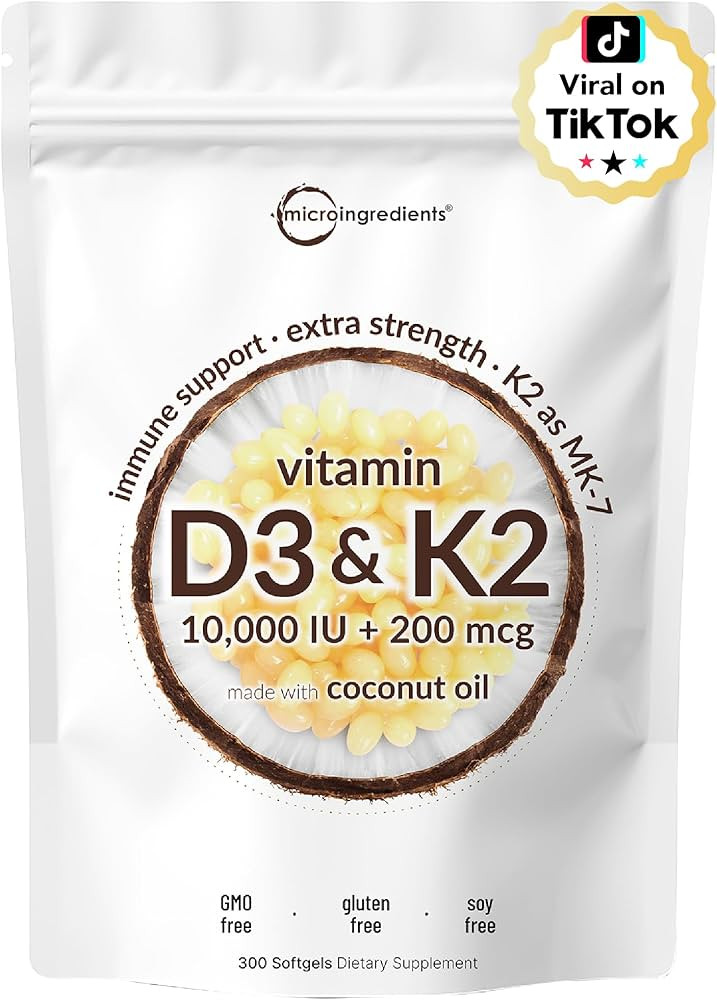 Micro Ingredients Vitamin D3 10,000 IU + K2 MK-7 200 mcg, 300 Softgels with Virgin Coconut Oil | ... | Amazon (US)