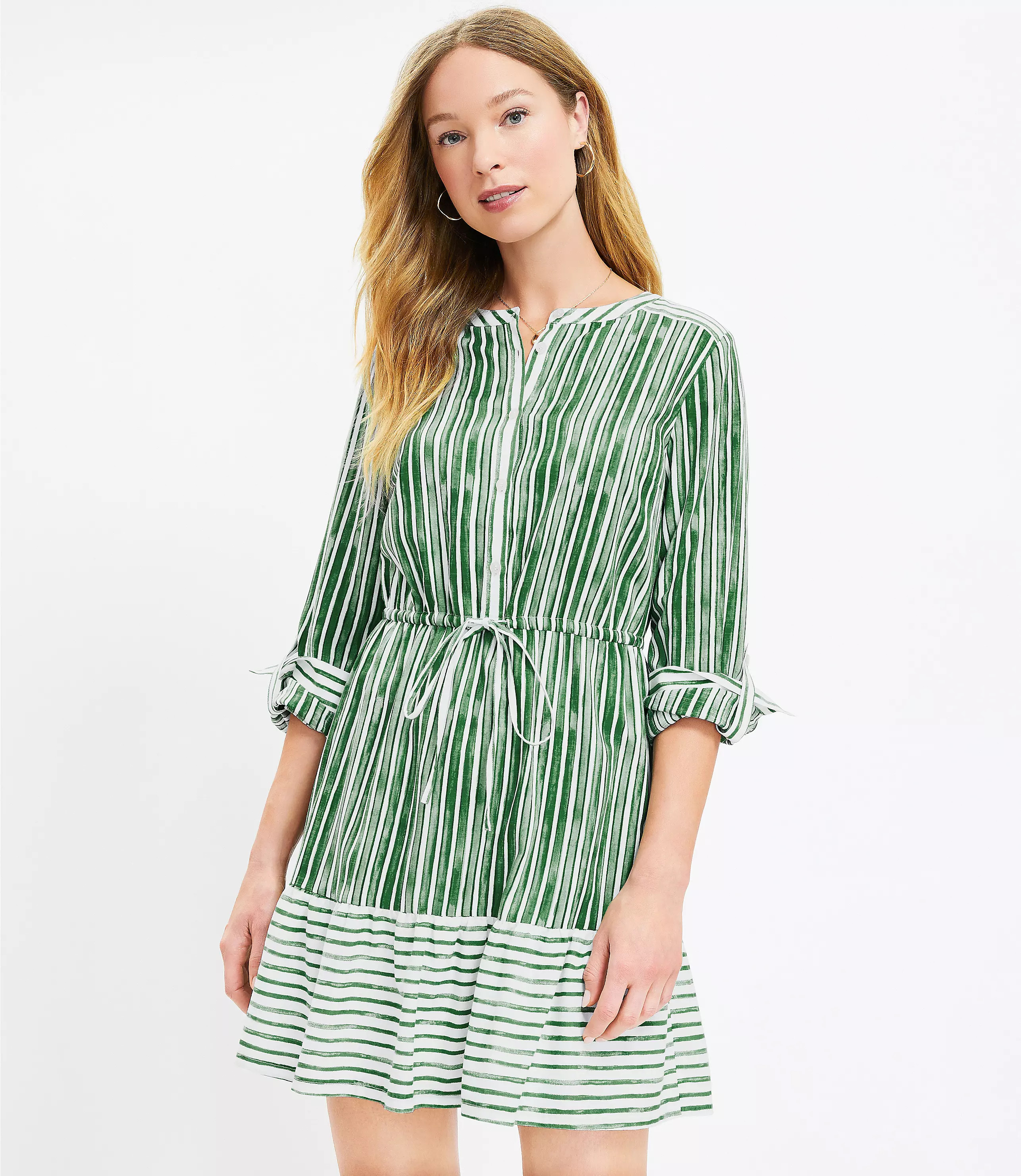 Striped Tab Sleeve Button Flounce Dress | LOFT