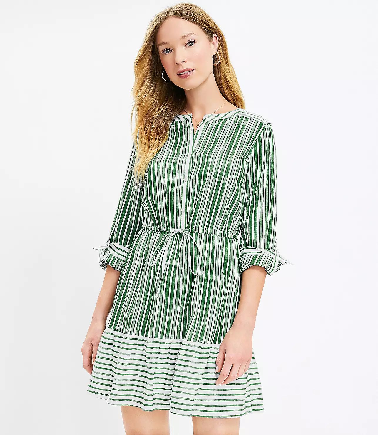 Striped Tab Sleeve Button Flounce Dress | LOFT