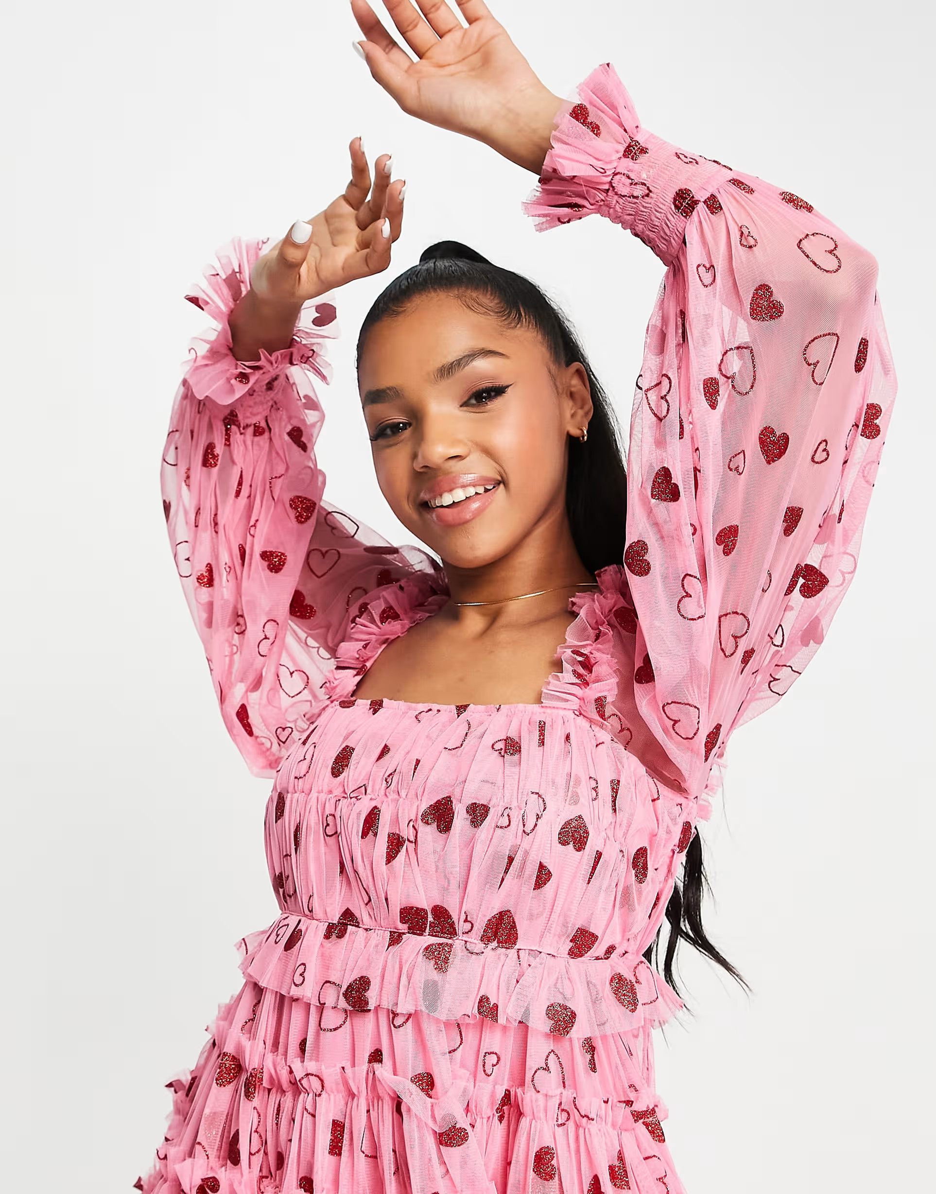 Lace & Beads exclusive square neck tiered mini dress in pink and red heart | ASOS (Global)