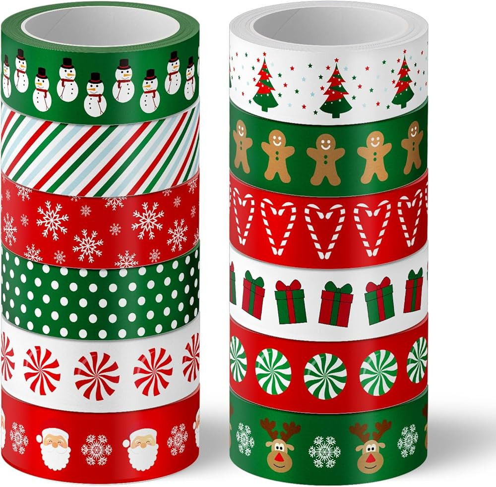 Whaline 12 Rolls Christmas Washi Tape Red Green Xmas Tree Snowman Santa Candy Cane Decorative Mas... | Amazon (US)