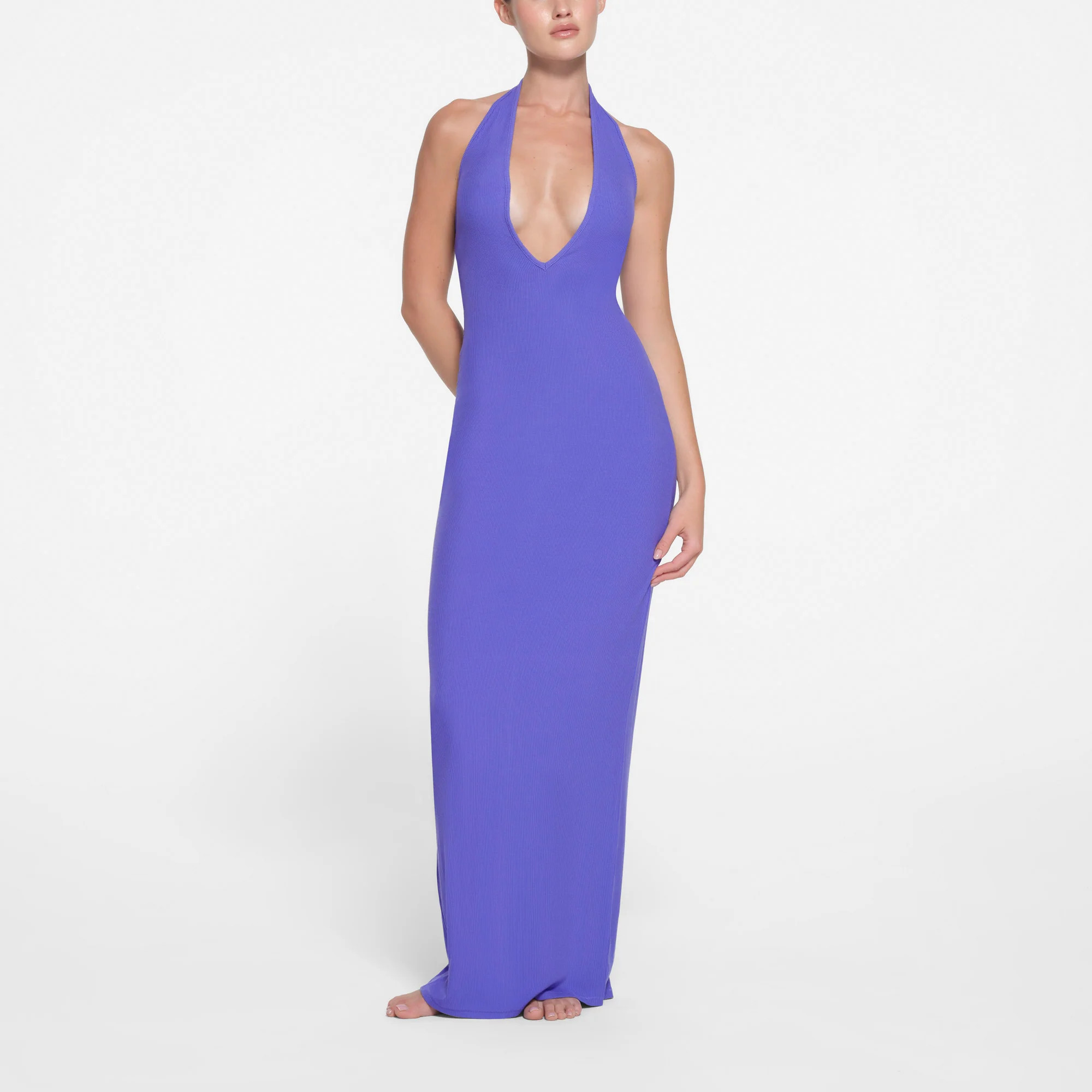 SKIMS Deep Plunge Halter Long Dress | Blue | Small | Soft Lounge | SKIMS (US)