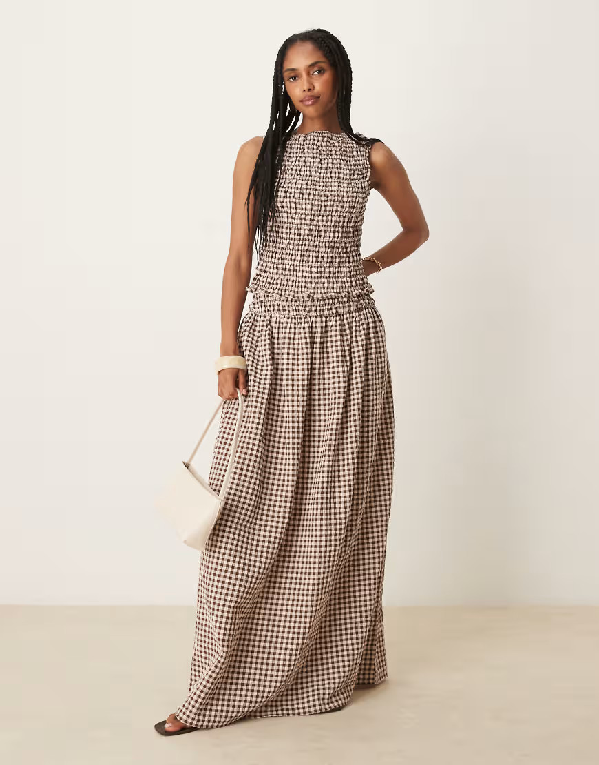 ASOS DESIGN shirred waist maxi skirt in brown gingham | ASOS (Global)