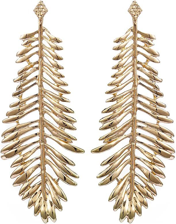 Aksod Gold Feather Earrings Stud Boho Leaf Drop Dangle Earrings Retro Delicate Statement Big Leav... | Amazon (US)