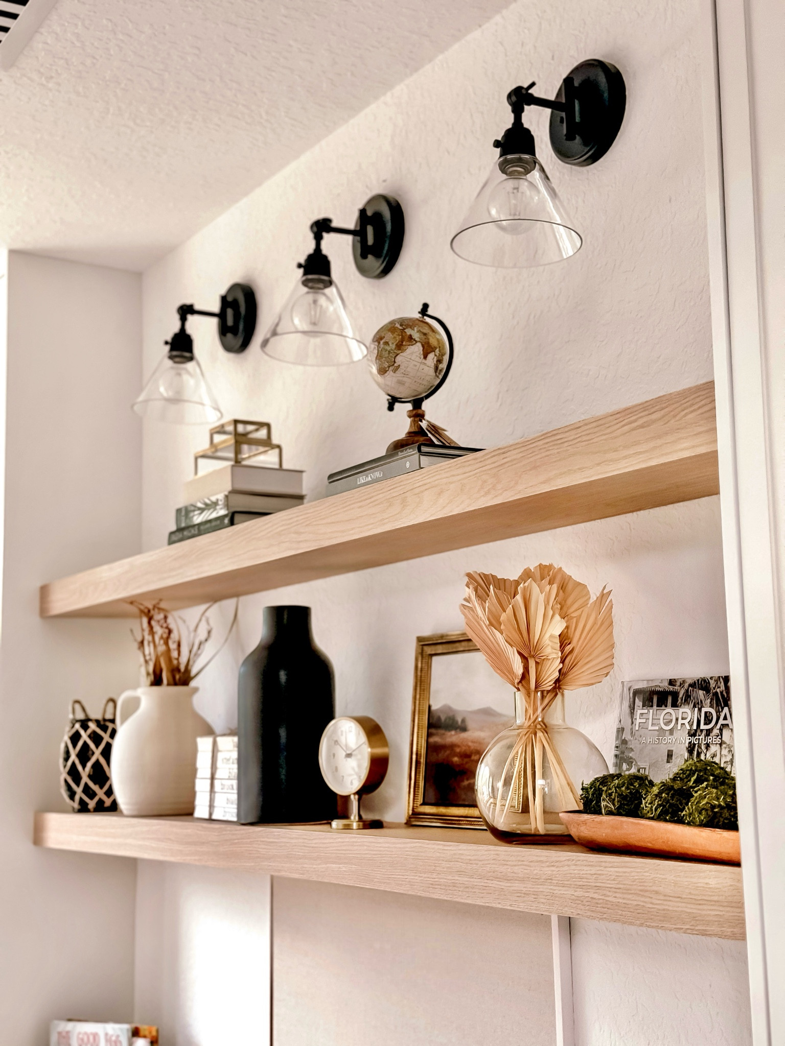 transitional / coastal shelf decor! Linked everything I could find. Things not linked are from home goods or had already in the house. These lights were the perfect touch above the shelves. 

#LTKHome #LTKFindsUnder100 #LTKFindsUnder50