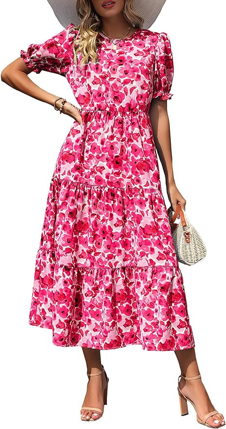 PRETTYGARDEN Women's Summer Casual Boho Dress Floral Print Ruffle Puff Sleeve High Waist Midi Bea... | Amazon (US)