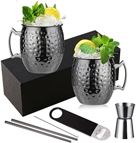 Moscow Mule Mugs Set of 2 - Black Plated Hammered Mugs 18 oz/ 550ml With Brass Handle and Stainless, | Amazon (US)