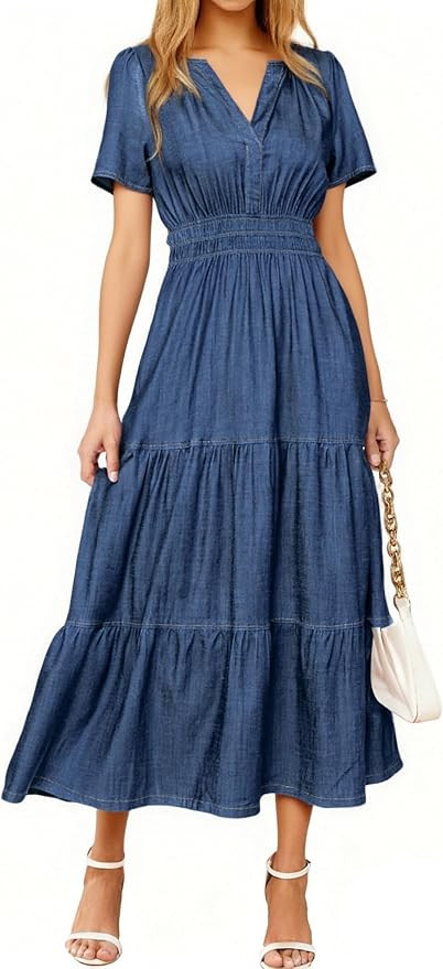 Simplee Womens Summer Denim Dress Casual Short Sleeve V Neck Empire Waist Boho Flowy Western Jean... | Amazon (US)
