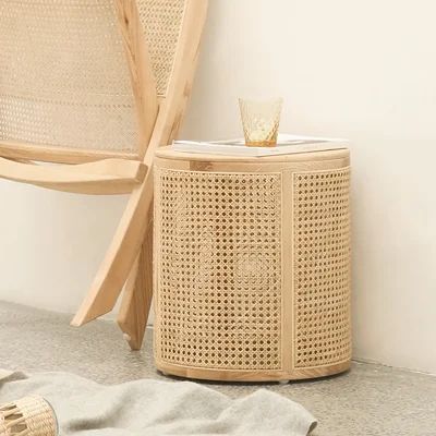 Japandi Round End Table with Storage Rattan Side Table-Homary | Homary
