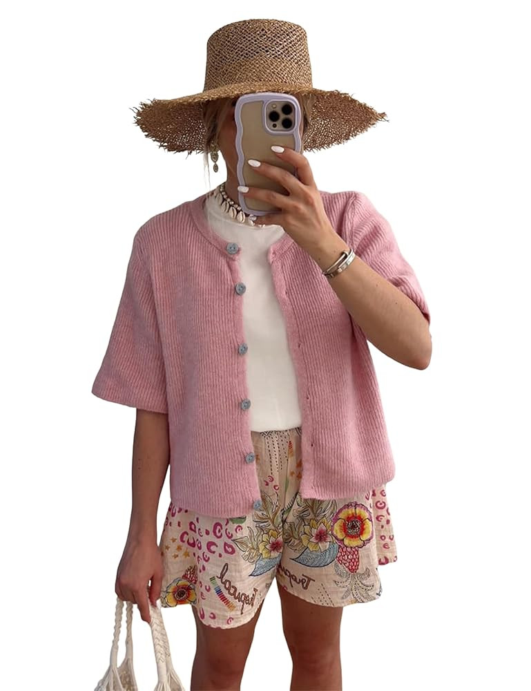 SCUSTY Women's Lightweight Cardigan Short Sleeve Button-Down Summer Cardigan Sweater | Amazon (US)