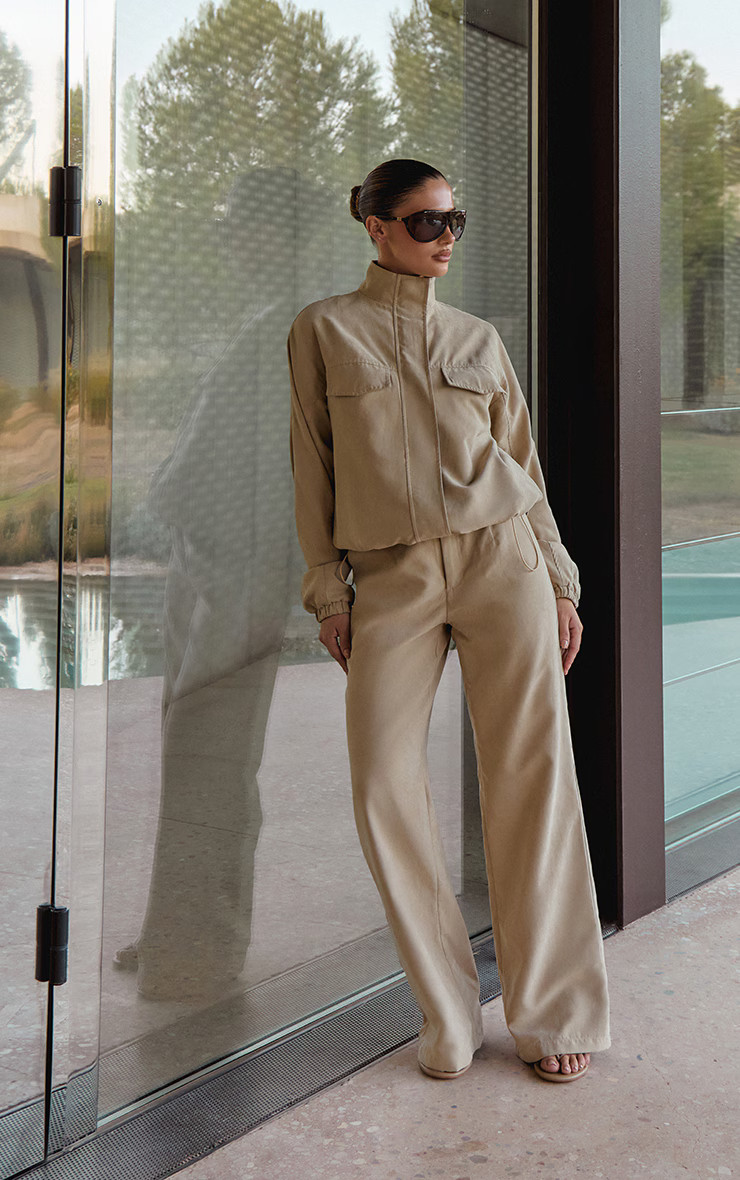 SAND PEACH SKIN STRAIGHT LEG TROUSER | PrettyLittleThing UK