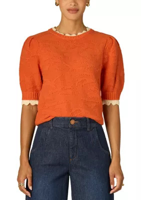 Women's Short Puff Sleeve Round Neck Sweater with Scallop Edge | Belk