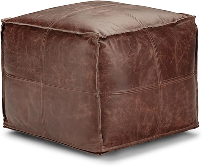 SIMPLIHOME Sheffield Square Pouf, Footstool, Upholstered in Brown Leather, for the Living Room, B... | Amazon (US)