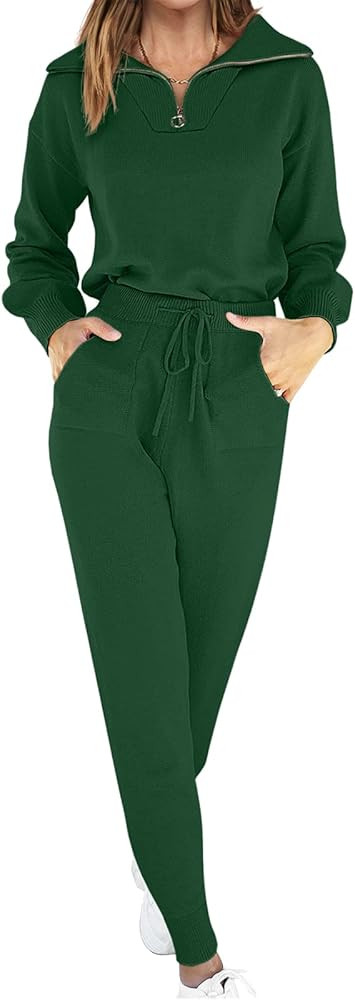 ANRABESS Women's Two Piece Outfits Sweater Sets Long Sleeve Zip Up Knit Pullover Jogger Pants Tra... | Amazon (US)