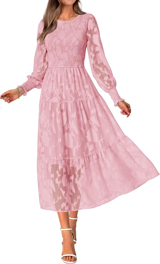 BTFBM Casual Women's 2024 Fall Dresses Elegant Wedding Guest Dress Long Sleeve Floral Midi Dress ... | Amazon (US)