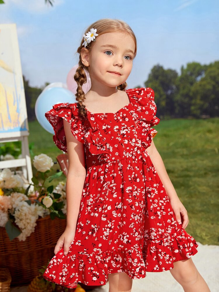 SHEIN Toddler Girls Floral Print Ruffle Layered Dress | SHEIN