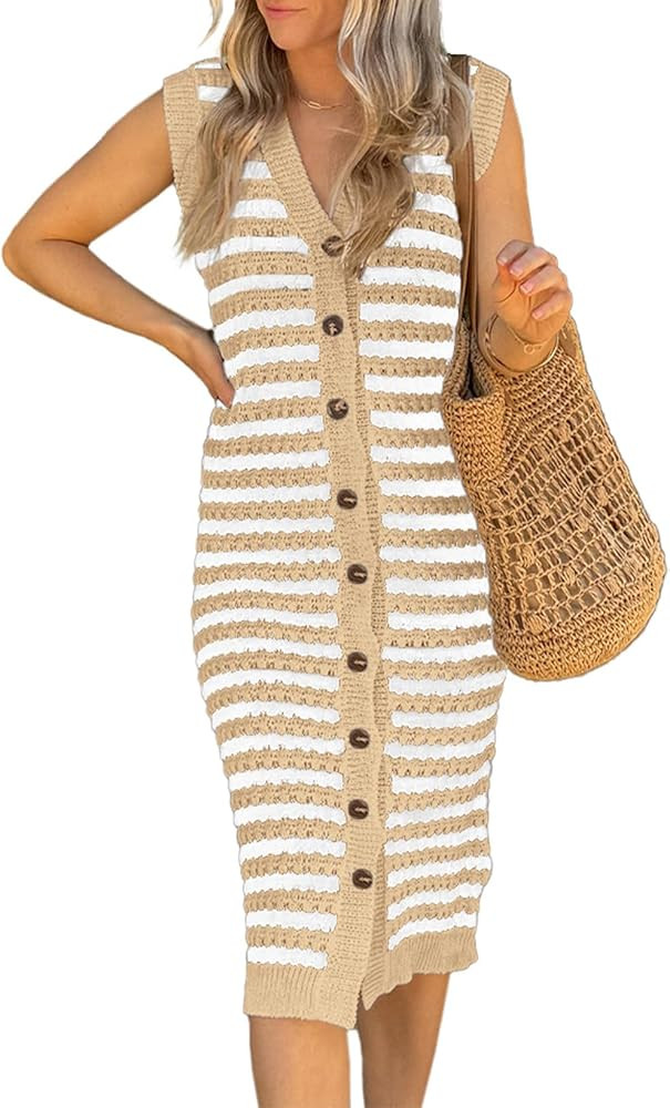BLENCOT Women's V Neck Striped Summer Tank Dress Causal Sleeveless Button Cardigan Midi Cover Up ... | Amazon (US)