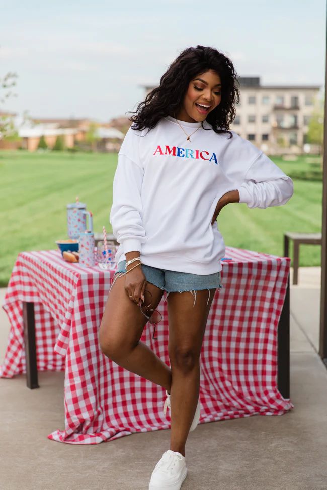 America Multi Embroidery White Oversized Graphic Sweatshirt | Pink Lily